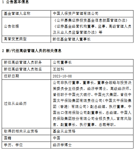 中国人保(601319.SH)：董事长王廷科因工作需要辞任